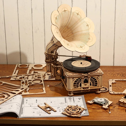 Trendy Hand-Crank Gramophone Wooden Puzzle